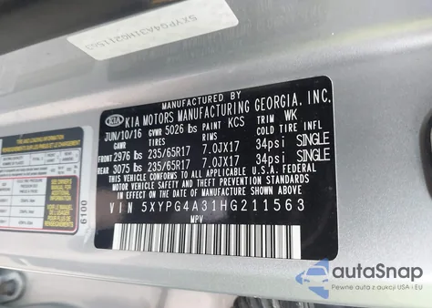 2017 Kia Sorento 2.4L L из США, поврежденный, VIN 5XYPG4A31HG211563